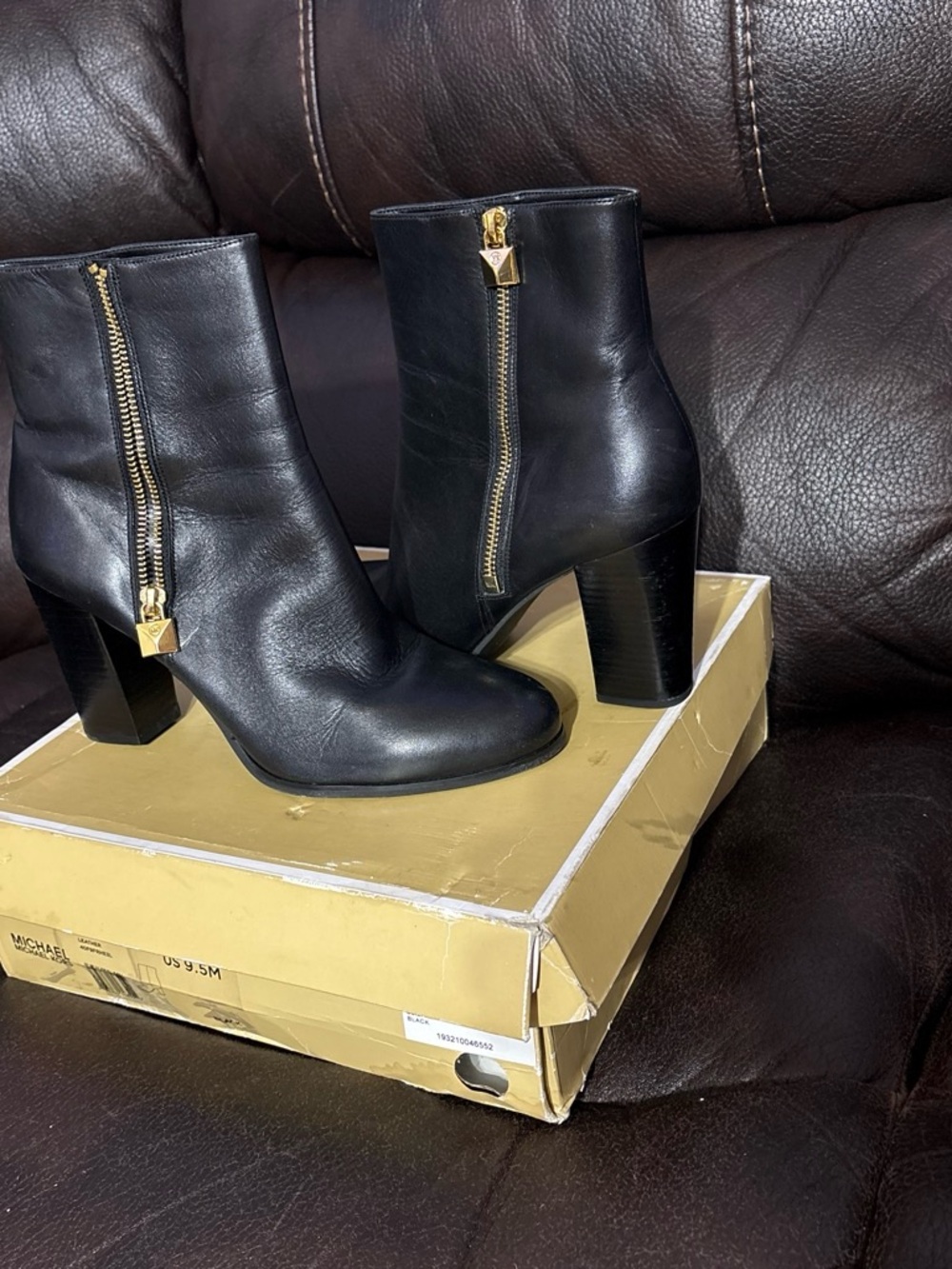 Michael Kors Black Leather Side-Zip Block Heel Ankle Boots